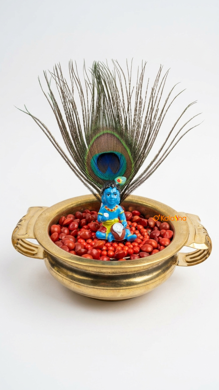 brass Uruli Decor Set Customized with Baby Krishna Idol, Peacock Feather & Manjadikuru Seeds – Spiritual Home Decor & Gifting Combo